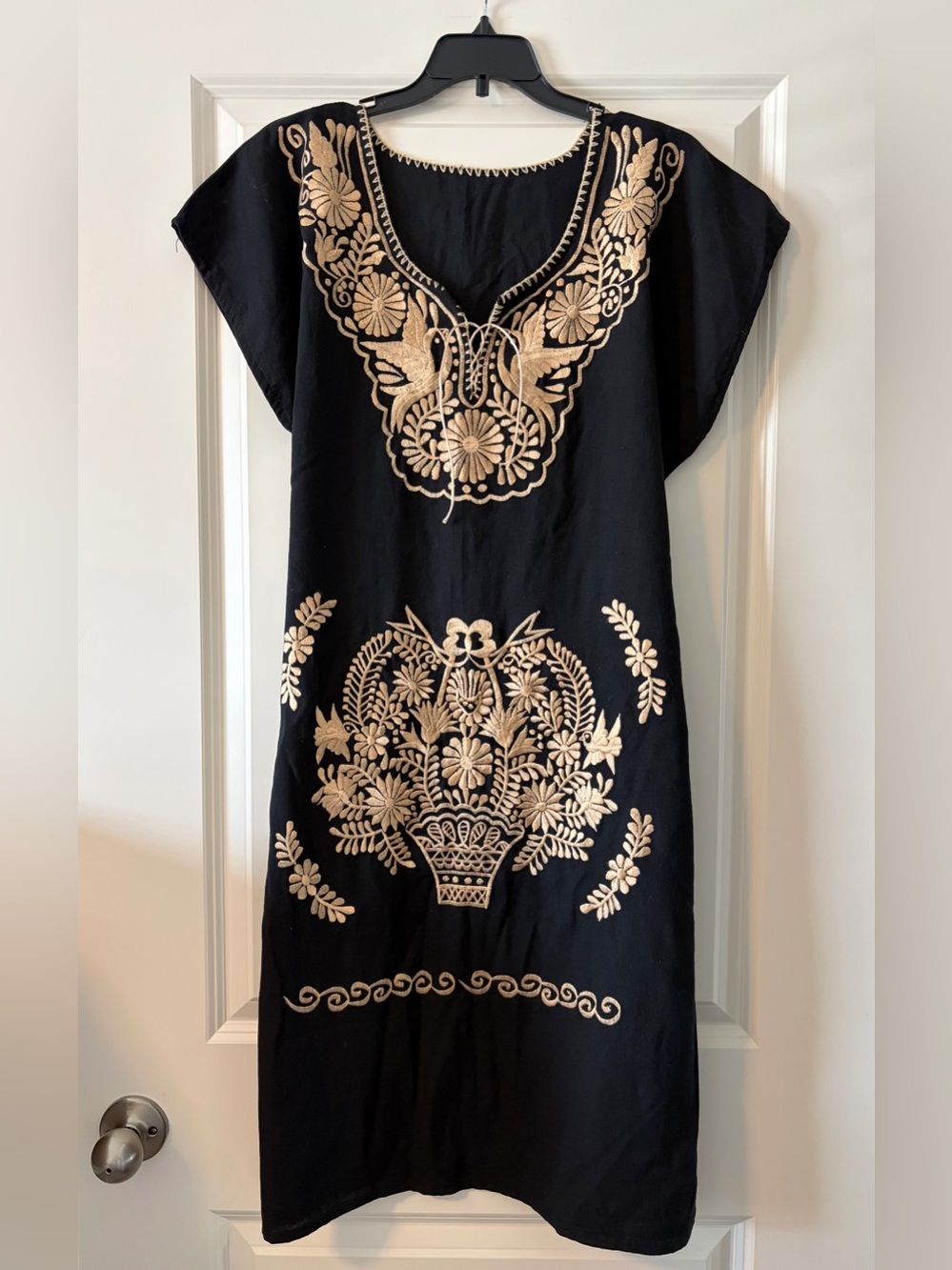 Black Embroidered Floral Midi Dress with Tan Stitching